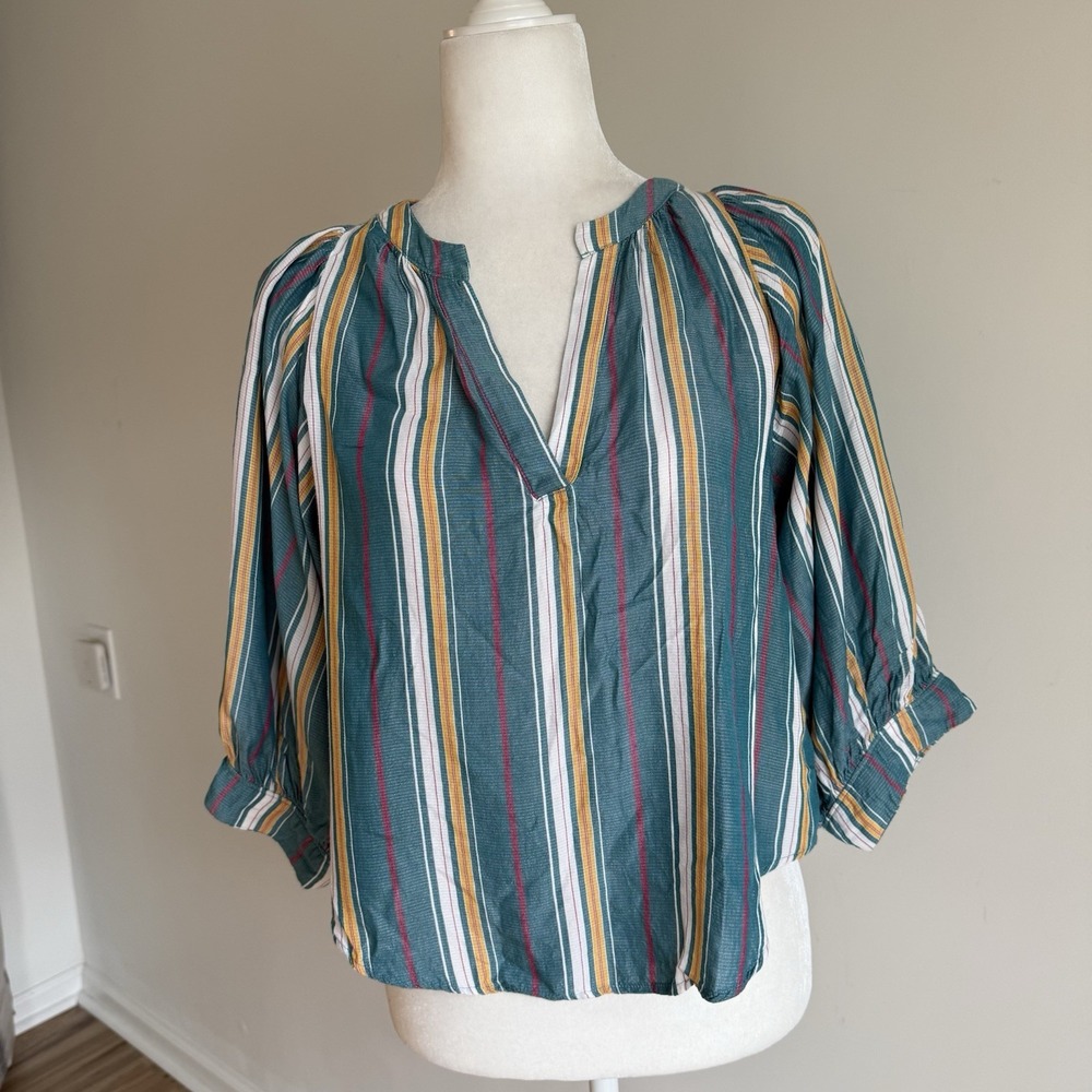 Anthropologie Maeve Byron Peasant Top Blouse Blue Size SP Striped Balloon Sleeve